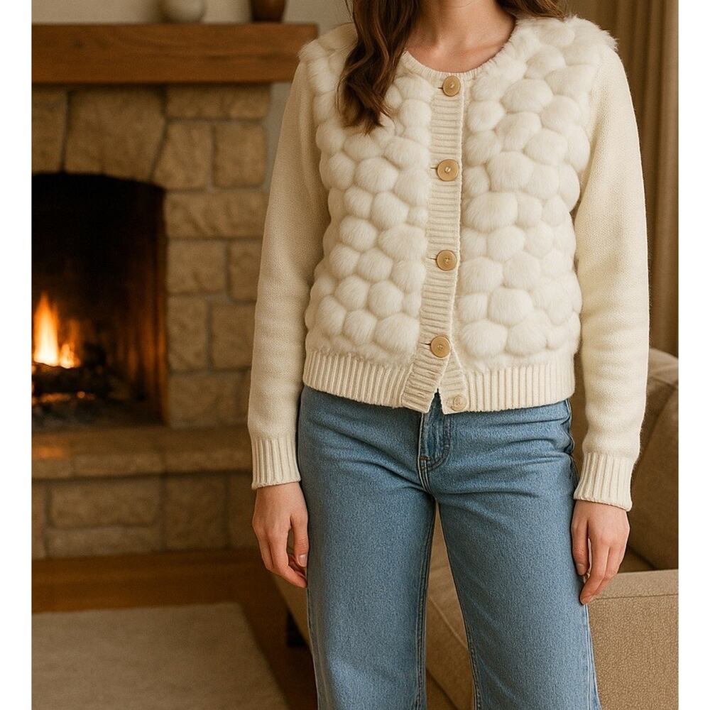 Y2K Lisa International Faux‎ Fur Bubble Cardigan Sweater Ivory Sz S Mob Wife